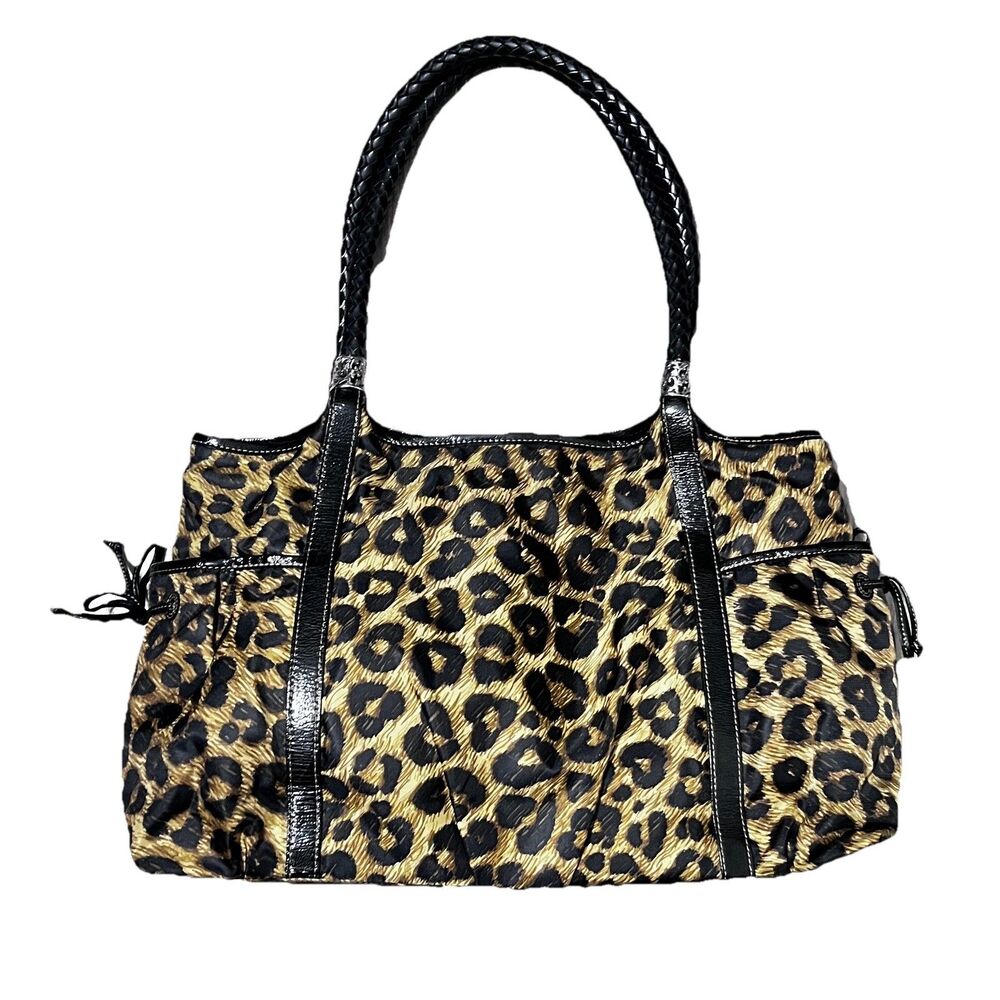 Brighton Leopard Print Satchel Tote Bag Black Patent Trim Woven Handles Filigree - Picture 2 of 11